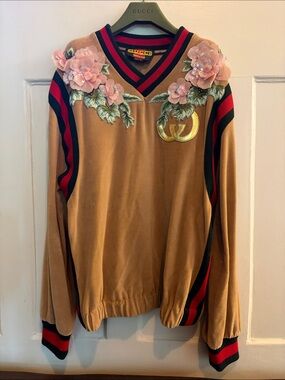 Gucci Dapper Dan Camel Velvet V-Neck Pullover with Pink Floral Appliqués